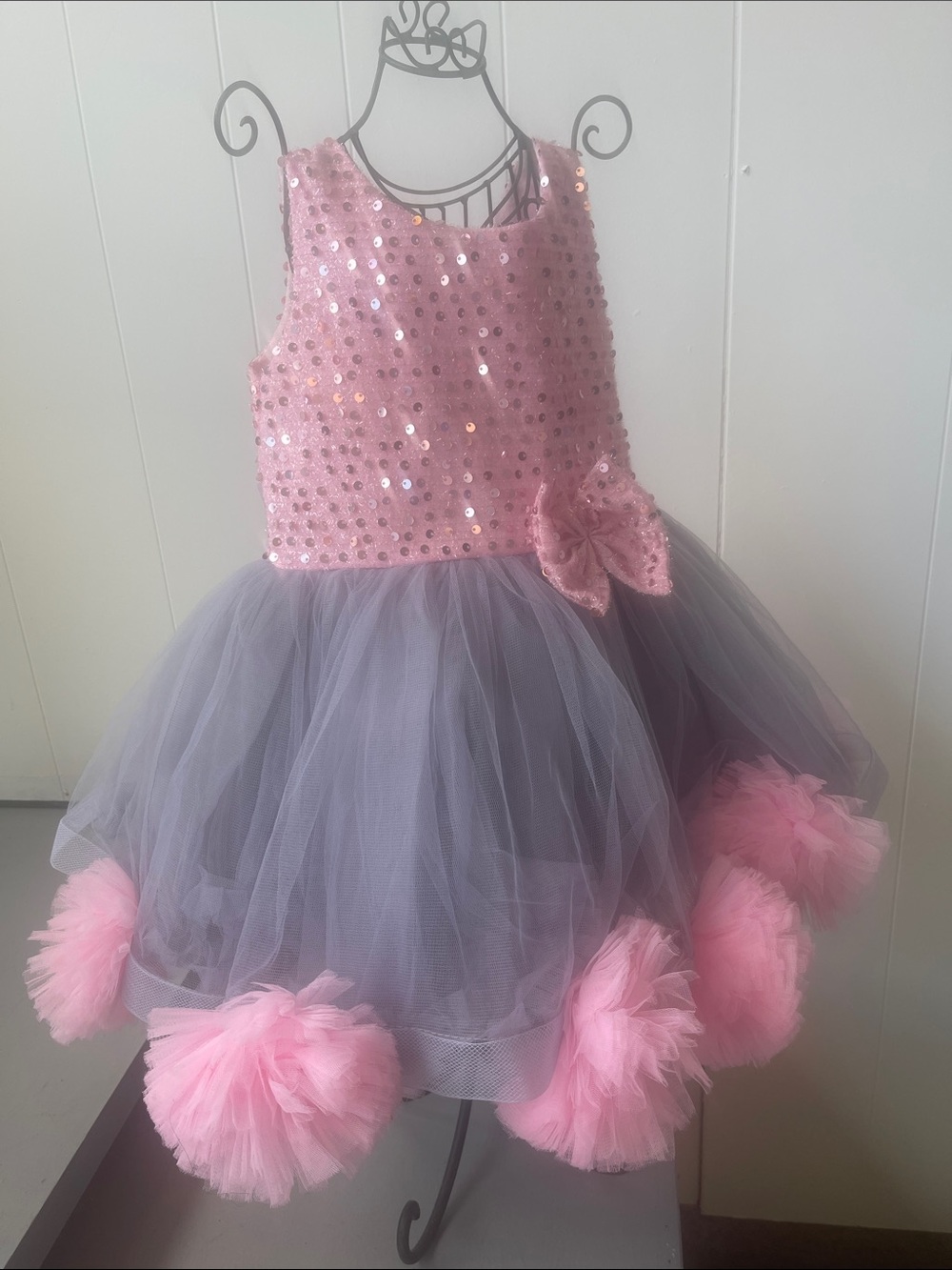 Sparkling Pink Sequin & Gray Tulle Girls Dance Costume with Pom Pom Trim